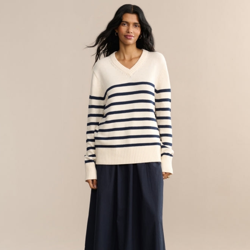 NWOT Jenni Kayne Cotton Kate V-Neck Sweater Ivory Navy Stripe XS-S Oversized - Picture 4 of 10